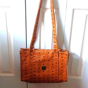 MCM Cognac Vintage Visetos Zip Top Tote Bag